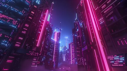 Fototapeta premium background for a sci-fi themed video game, featuring towering cyberpunk skyscrapers with neon lights and futuristic vehicles