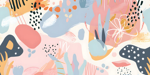 Abstract pastel-colored shapes and patterns, creating a playful and whimsical atmosphere, perfect for a children's event or creative workshop banner