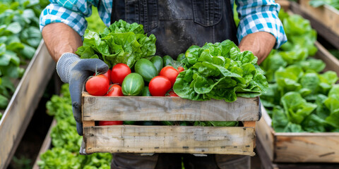 Farmer Holding Crate of Freshly Harvested Organic Vegetables