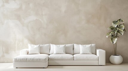Comfortable white couch beside beige wall