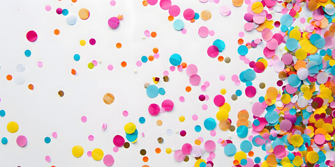 Bright and colorful confetti scattered across a white background, offering a festive and playful look for a party planning or kids' blog background