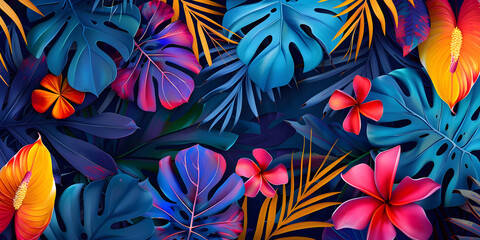 Colorful tropical leaves and flowers, offering a vibrant and lively atmosphere, ideal for a summer party or beach event flyer background 