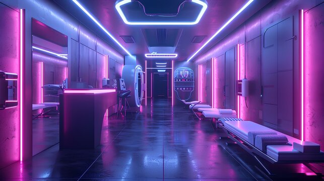 background for a skincare clinic with a cyberpunk twist, featuring neon lights, sleek surfaces, and advanced skincare technology 