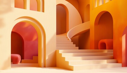 
Abstract background with architectural elements, stairs and arches in warm colors, 3D rendering illustration, empty space for text "a492076" in the style of unknown artist
