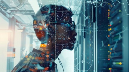A man standing in a server room, wearing a headset and looking at the servers.