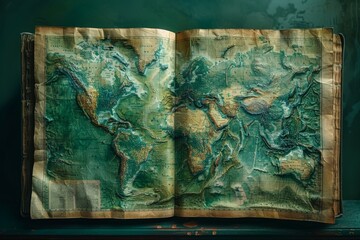 Antique open book with raised green world map, symbolizing carbon credit transactions environmental conservation. Represents recording tracking carbon credits, ecological responsibility.
