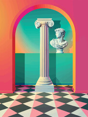 Vibrant, geometric poster art featuring classical busts in surreal, colorful settings. Bold arches, columns, and checkered floors blend with modern aesthetics, creating a unique fusion of ancient and 