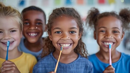 Four diverse children smiling and brushing teeth in a bright room. fun dental hygiene practices and good oral health habits for kids, promoting joy and cleanliness in a colorful environment.