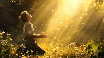 Obraz premium Child kneeling in a beautiful garden with a beam of light over their head, symbolizing divine presence. Perfect for themes of faith, spirituality, and innocence.
