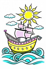 Fototapeta premium Colorful cartoon ship sailing on the waves