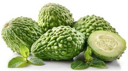 Obraz premium Fresh Green Bitter Melons and a Sliced Piece