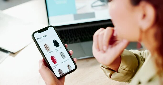 Phone screen, hands and online shopping for clothes choice and fashion decision in e commerce. Customer or person thinking on mobile app technology for winter closet, wardrobe and product at home