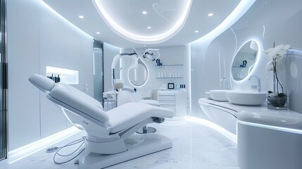 A scifi interpretation of a dermatology procedure using advanced laser technology in a sleek, modern setting