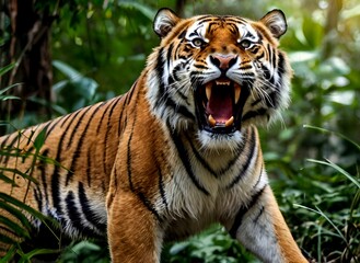 Fototapeta premium Majestic Bengal tiger roaring in the forest