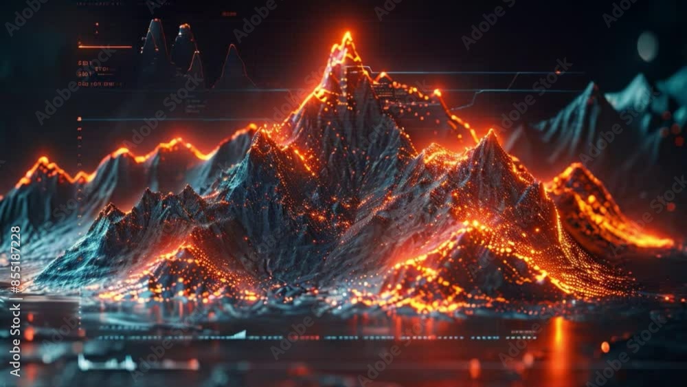 Poster a 3d rendering of a digital mountain range with glowing orange lights and a data overlay in the back