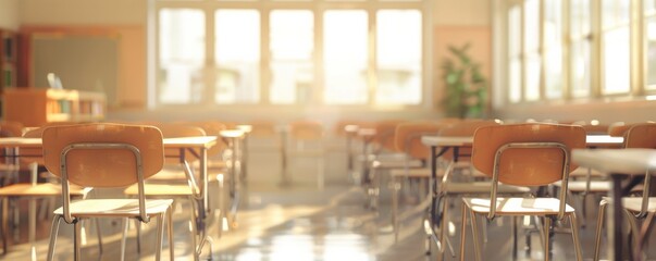 Clean classroom with a blurred background and nice sunlight, school concept banner. Generative AI.