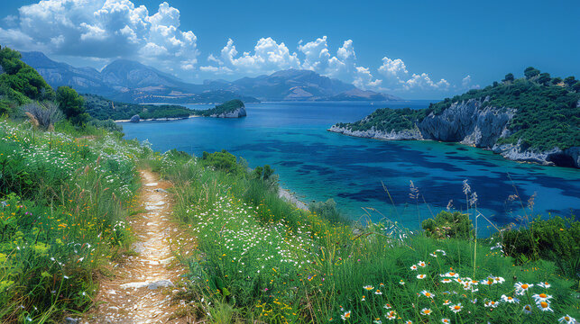 A scenic coastal path winds its way through a stunning landscape, with crystal-clear turquoise waters and dramatic cliffs in the background