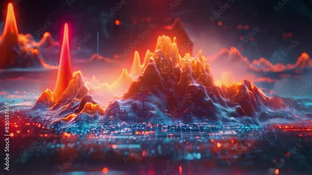 Poster a digital rendering of a mountain range with data visualization, showcasing glowing peaks and valley