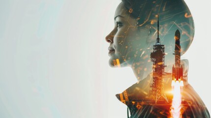 Double exposure portrait of a young girl combined with a photo of a rocket launch.