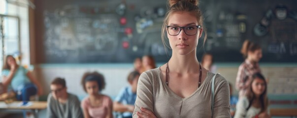 European women teacher portrait in clasroom, school concept banner. Generative AI.