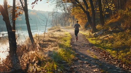Obraz premium Young, adult man running in forest on natural trail in sunny summer day. Daily active lifestyle. Back view.