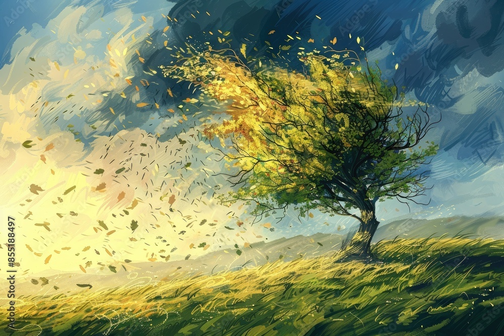 Wall mural A tree with leaves blowing in the wind on an open field, windy weather, digital art illustration - Wall murals