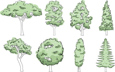 Drawing trees in line art. Hand drawn doodles trees and bushes.tree sketches summer spring trees isolated on white.