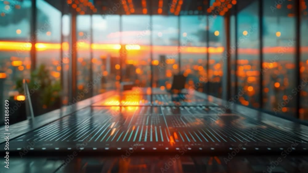 Poster a close-up of a futuristic data display in an office with a cityscape and sunset view.