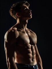 Naklejka premium A person posing without a shirt, possibly for a photo shoot or artistic expression