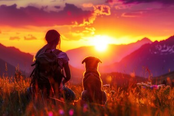 A Woman and Her Dog Watching the Sunset from the Mountain Top