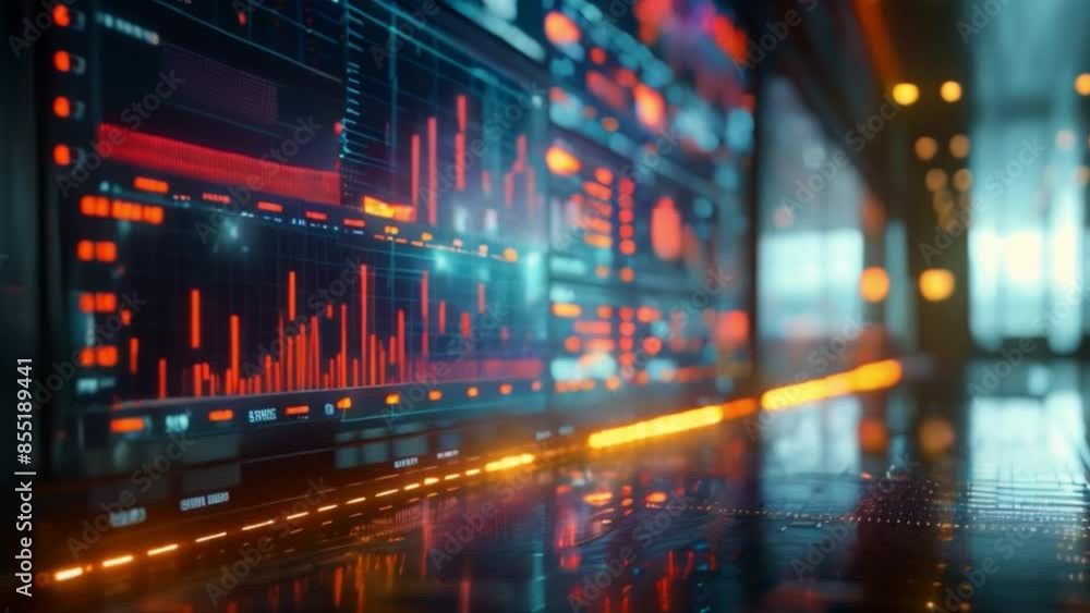 Poster a close-up shot of digital screens displaying data visualizations, set in a futuristic setting. the 