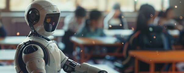 AI robot teacher teaching to cyborg ai students in the classroom, school concept banner. Generative AI.