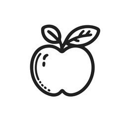 A black and white drawing of an apple with a leaf on top. The apple is the main focus of the image, and the leaf adds a touch of nature to the drawing. Scene is simple and elegant