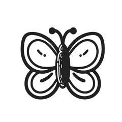 A black and white drawing of a butterfly. The butterfly is drawn in a stylized way, with a focus on its wings and body. The drawing conveys a sense of whimsy and playfulness