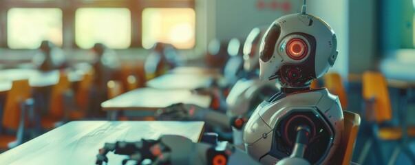 AI robot teacher teaching to cyborg ai students in the classroom, school concept banner. Generative...