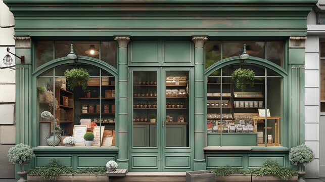 vintage french boutique facade , chic luxury store vitrine