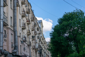 Balconies of apartment blocks. Soviet architecture flats with windows and balconies in the centre of Minsk