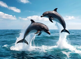 Two energetic dolphins jumping through the ocean waves