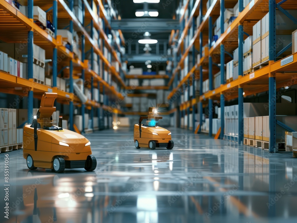Poster smart warehouse with artificial intelligence, without human intervention. autonomous form of sorting
