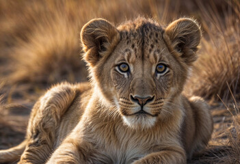 Fototapeta premium Lion cub sits eyeing camera with backlighting