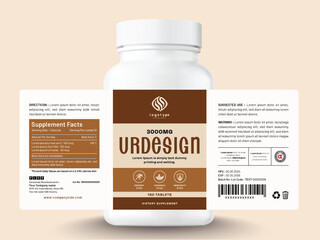 Food supplement vitamin medicine label sticker design dietary drug capsule and tablet modern bottle jar box packaging.