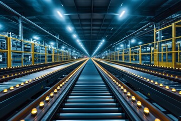 Obraz premium Industrial conveyor belts in a modern factory illuminated by blue lights. Industrial photography. Manufacturing and technology concept