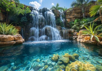A crystal-clear waterfall cascading down rocky cliffs into a tranquil pool, surrounded by tropical plants