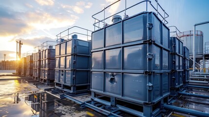 IBC tanks are lined up. Several industrial water tanks