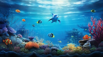 A vibrant underwater scene with a dolphin swimming through a coral reef.