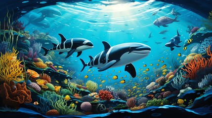 Obraz premium Craft a seamless underwater scene with marine animals engaging in activities, like a crab playing with a beach ball and a whale blowing water spouts