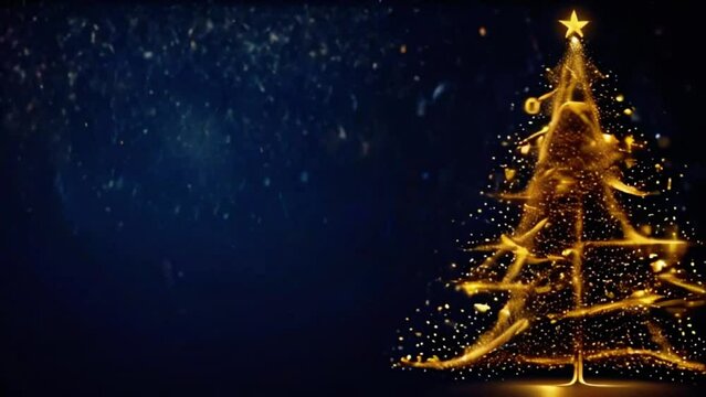 Glowing gold Christmas tree animation with particles lights stars and snowflakes on blue. Holiday concept and background 4k Merry Christmas and Happy New Year background