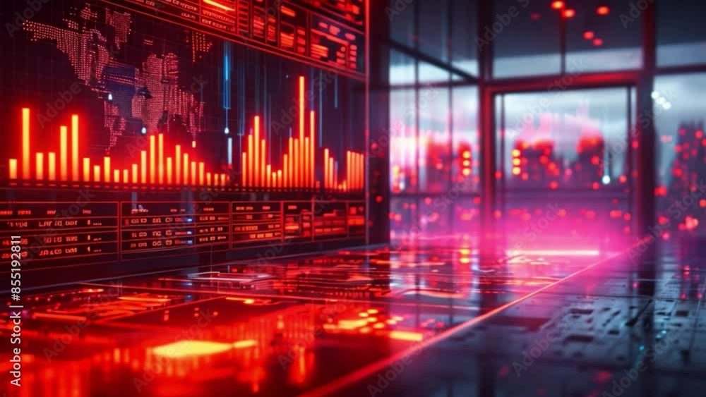 Poster a close-up view of glowing red data displays in a modern office, showing various data charts and gra