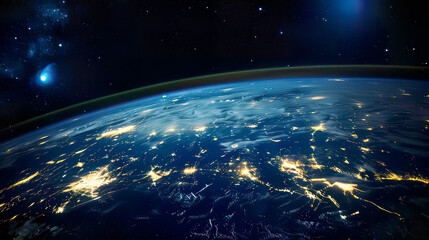 Nighttime Earth seen from space with illuminated cities creating a web of lights across the continents surrounded by the vastness of space and countless stars presenting a breathtaking view 