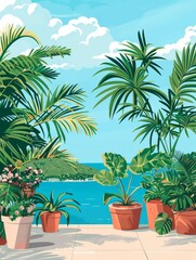 Fototapeta premium A sunny view of a terrace with tropical plants in terracotta pots overlooking a blue ocean
